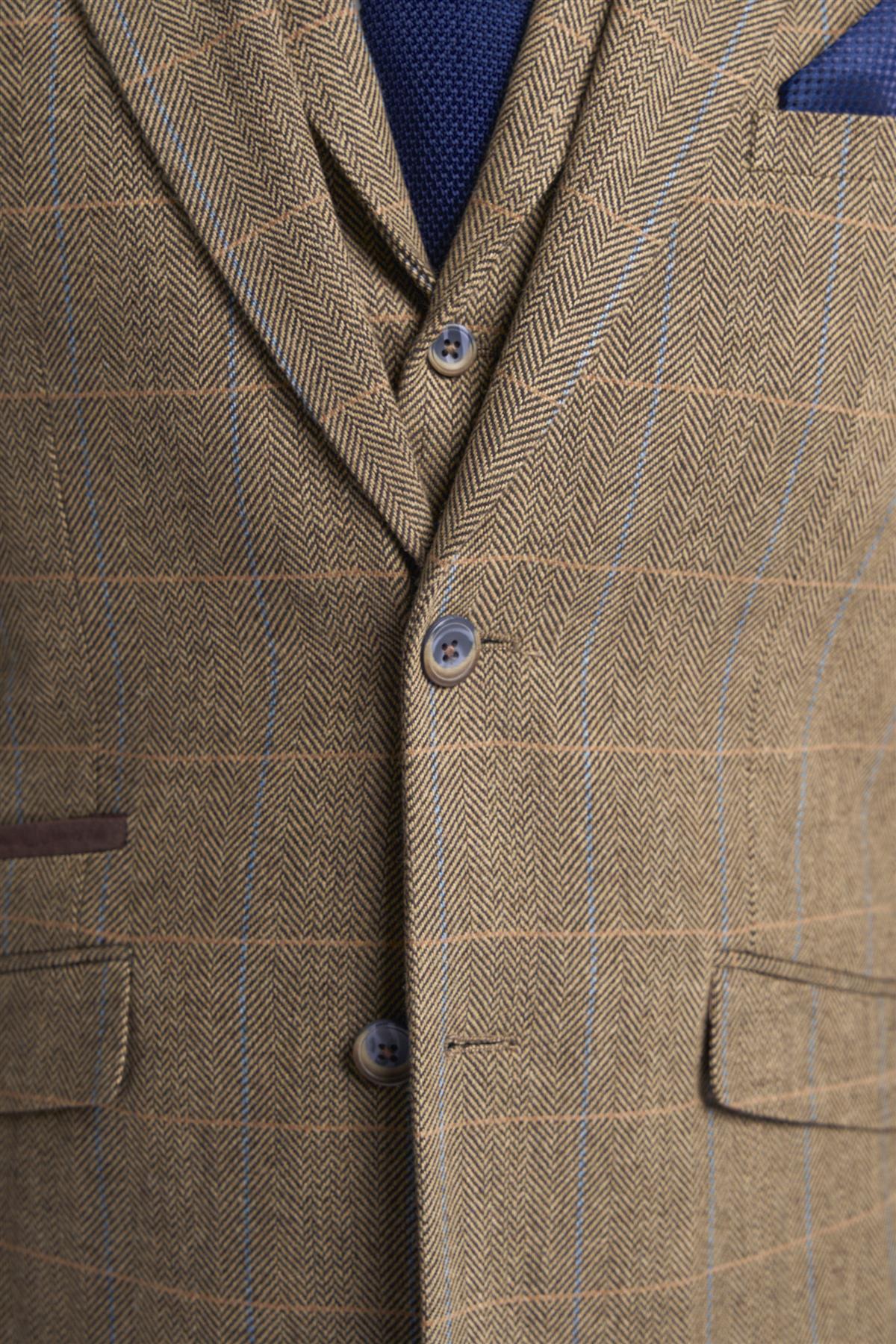 Cavani Albert - Men's Herringbone Tweed Check 3 Piece Suit - Tan Brown