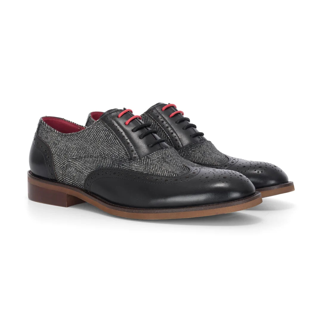 Albert - Men's Black Leather Tweed Detailing Brogue Shoes