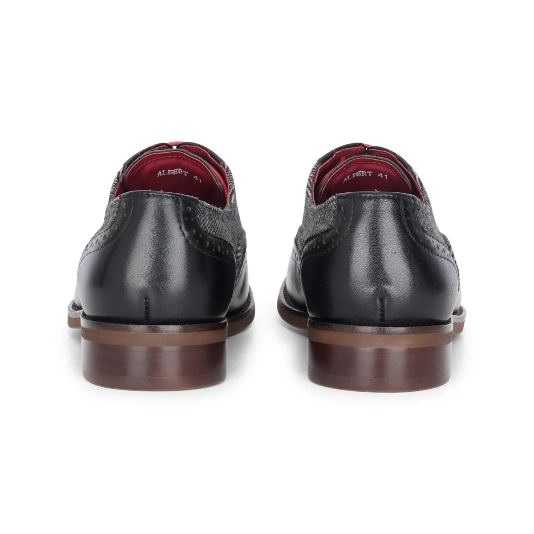 Albert - Men's Black Leather Tweed Detailing Brogue Shoes