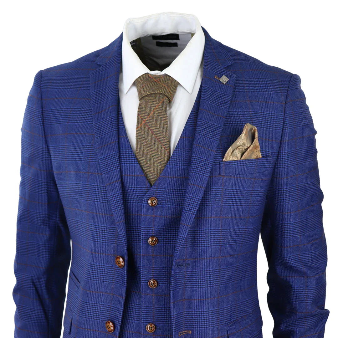 Mens Blue Brown Check Piece Suit Tailored Fit Wedding Prom Races