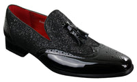 Mens Smart Party Shiny Tassle Shoes Red Silver Black Slip On Patent Leather