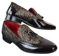 Mens Smart Party Shiny Tassle Shoes Red Silver Black Slip On Patent Leather