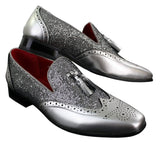 Mens Smart Party Shiny Tassle Shoes Red Silver Black Slip On Patent Leather