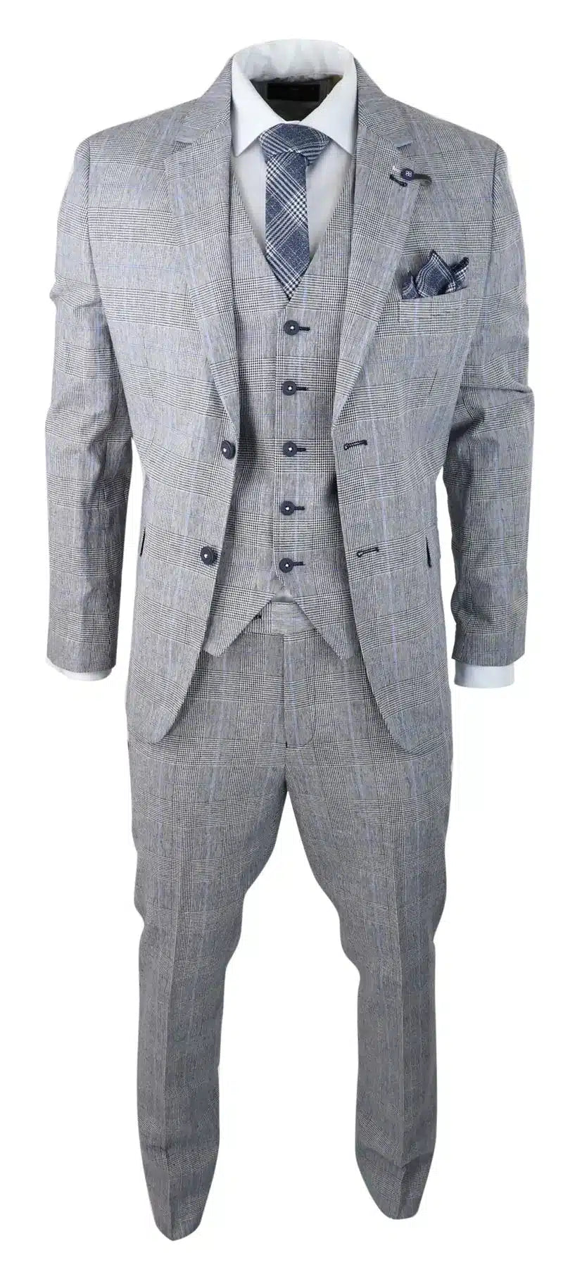 Mens 3 Piece Summer Suit Grey Check Blue Black Tailored Fit Mens 3 Piece Summer Suit Grey Check Blue Black Tailored Fit