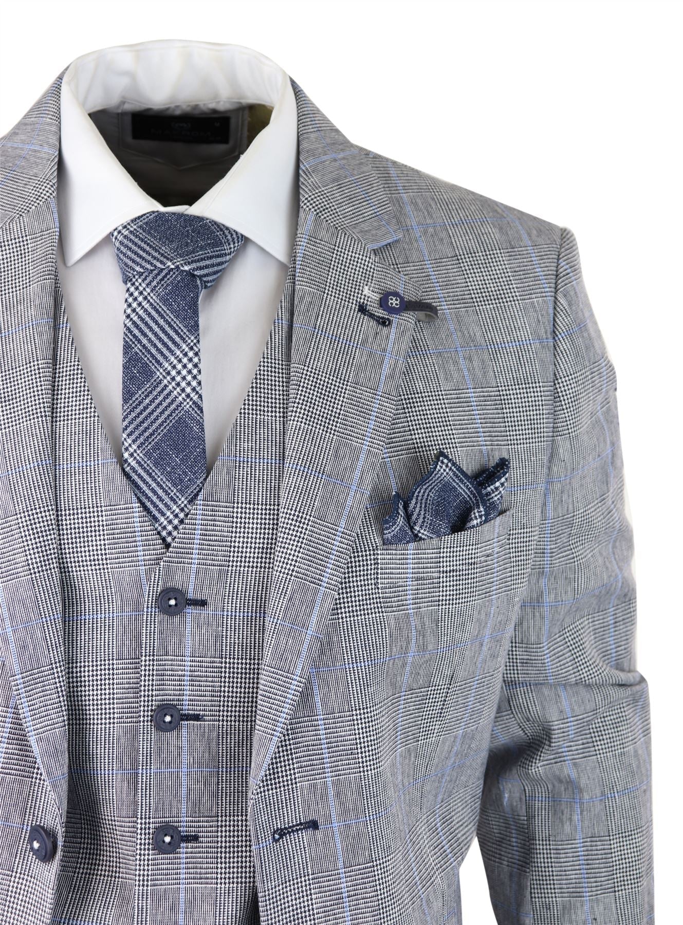 Mens 3 Piece Summer Suit Grey Check Blue Black Tailored Fit