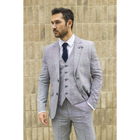 Mens 3 Piece Summer Suit Grey Check Blue Black Tailored Fit Classic Wedding Formal