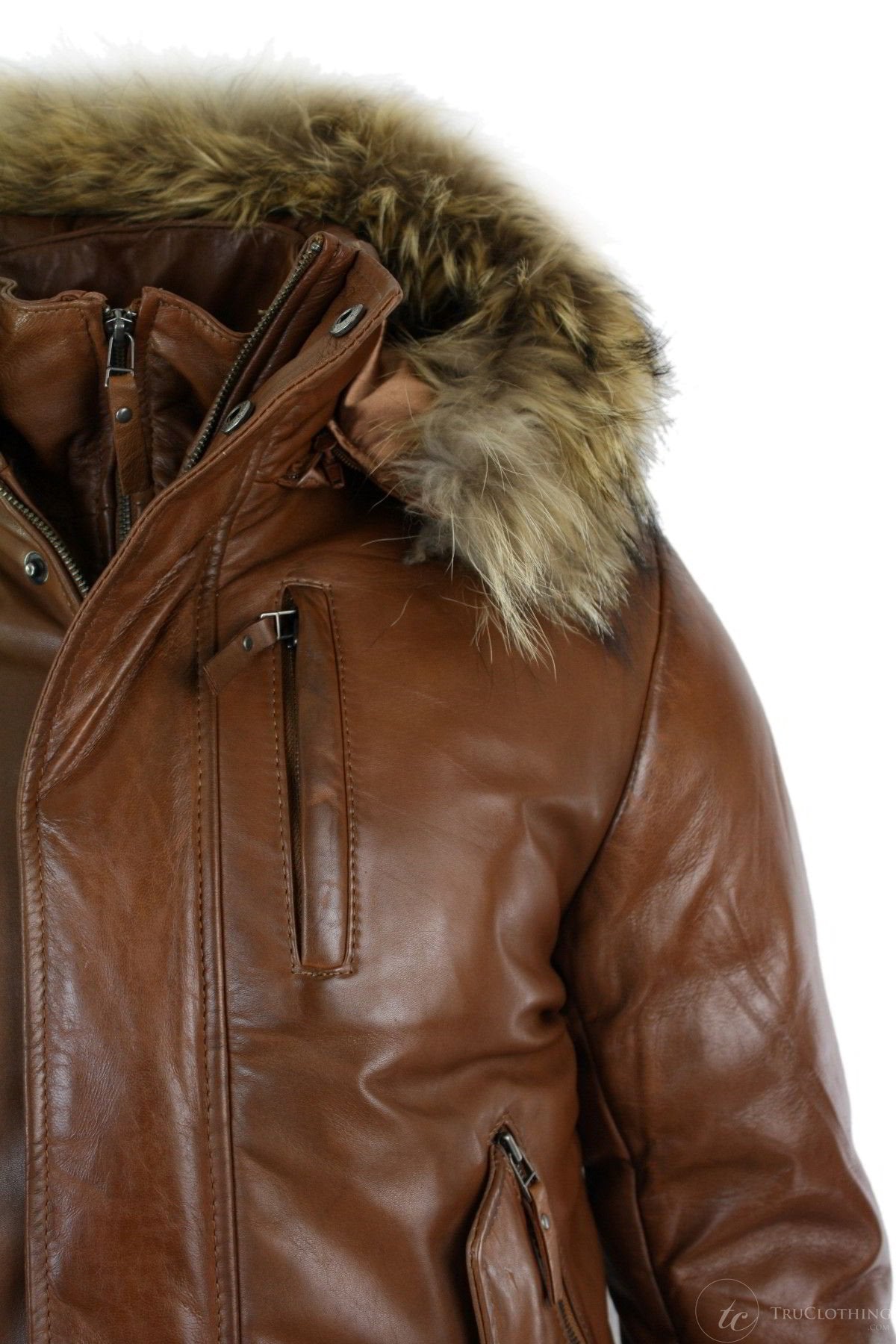 ジャケット・アウター fur hooded real leather bomber jacket Mens Real Fur Hood Bomber Leather Jacket Black Puffer Padded-Tan