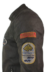 Real Leather Vintage Brown Racer Badge Mens Biker Jacket Washed Distressed Slim Fit