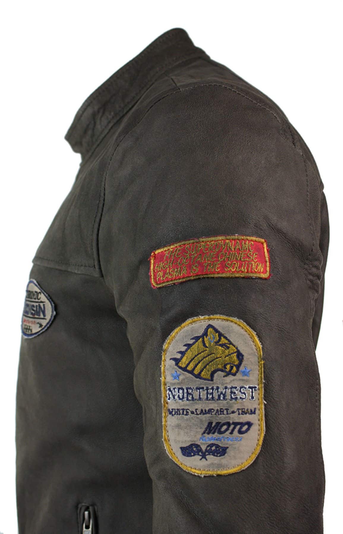 Real Leather Vintage Brown Racer Badge Mens Biker Jacket Washed Distressed Slim Fit