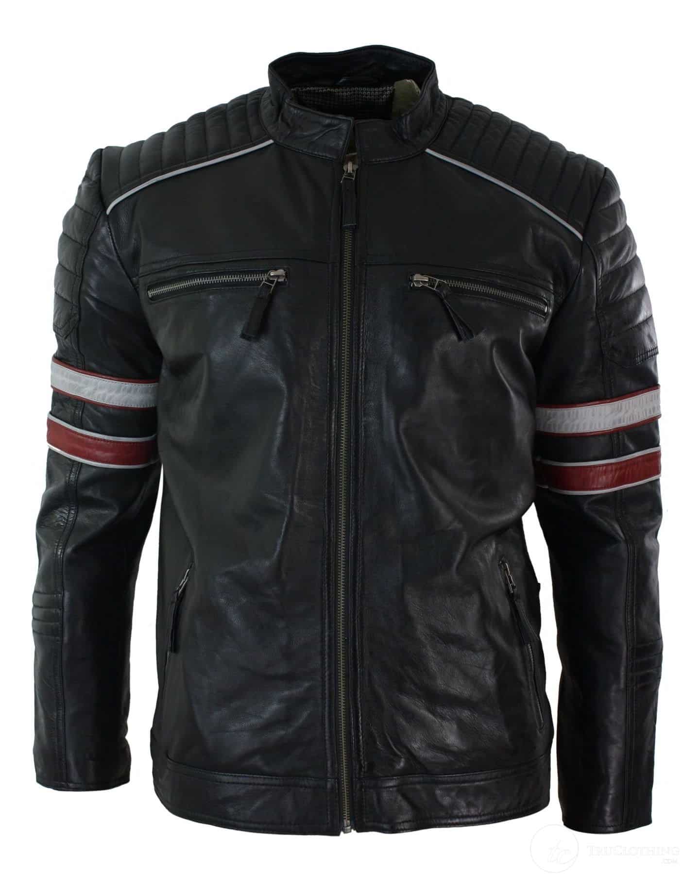 Real Leather Black Racing Mens Biker Jacket Red White Stripes Casual Fit