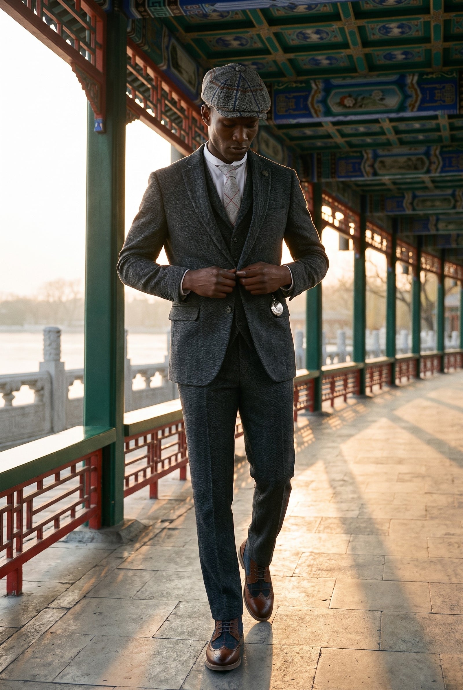 Look #881 styled with Men's Charcoal Grey 3 Piece Tweed Herringbone Suit - STZ11