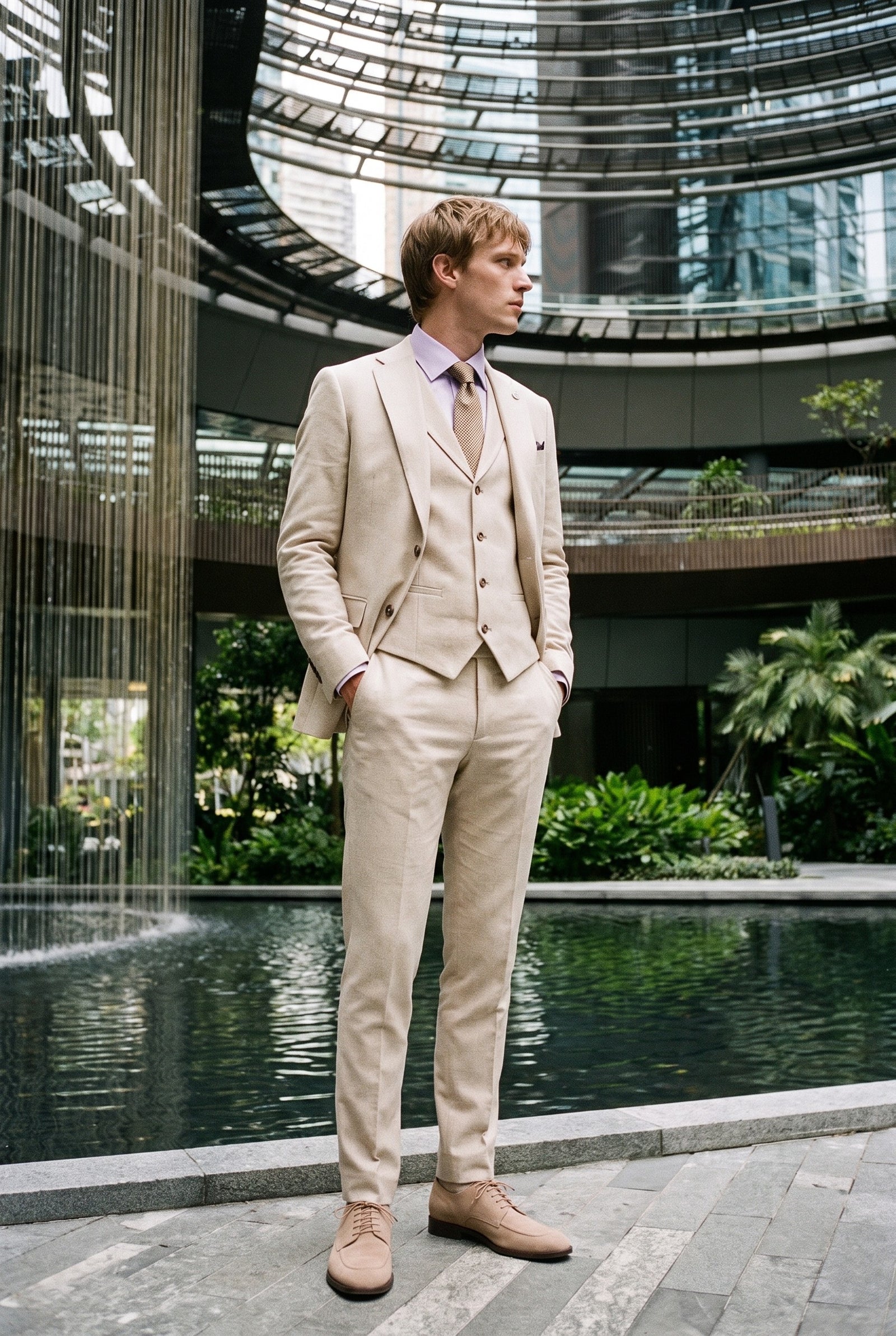 Look #948 styled with TP-21 Men's Beige 3-Piece Linen Summer Wedding Suit