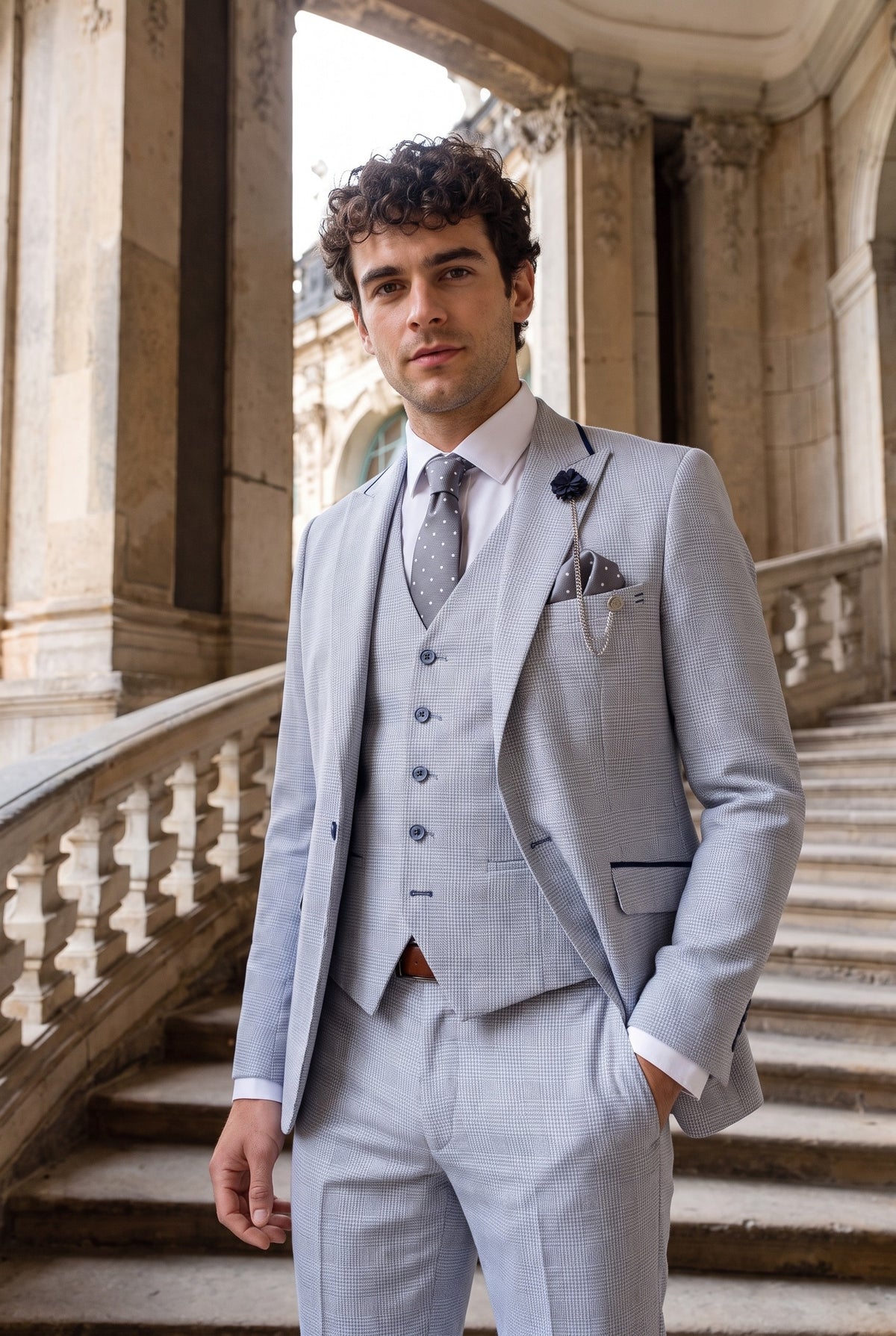 Men's light blue Prince of Wales check tweed 3-piece suit look with silver polka dot tie