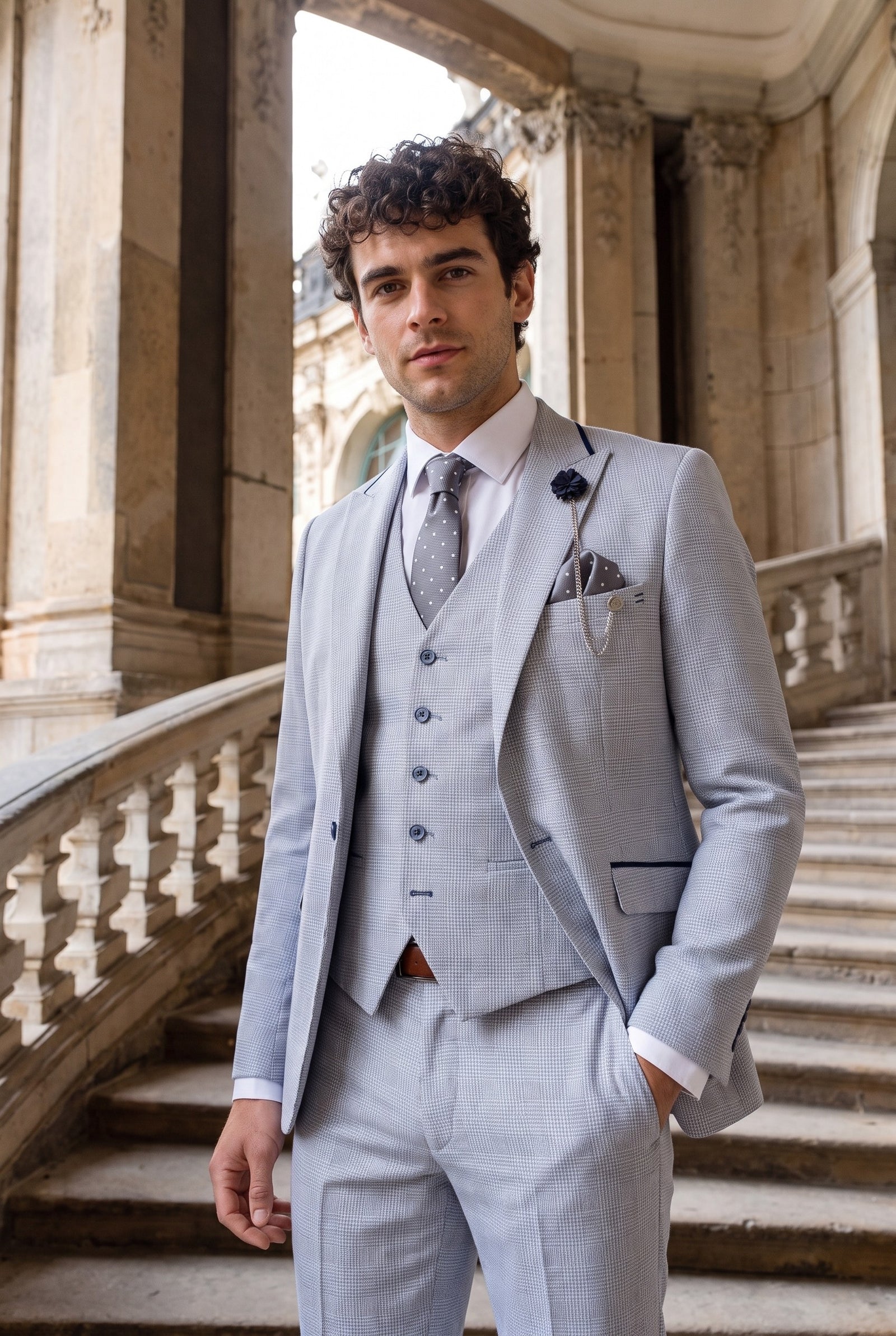 Look #950 styled with Mens 3 Piece Check Suit Tweed Light Blue Tailored Fit Wedding Peaky Classic