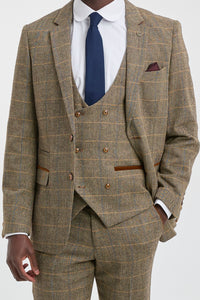 Mens 3 Piece Herringbone Tweed Tan Brown Check Suit Tailored Fit Double Classic
