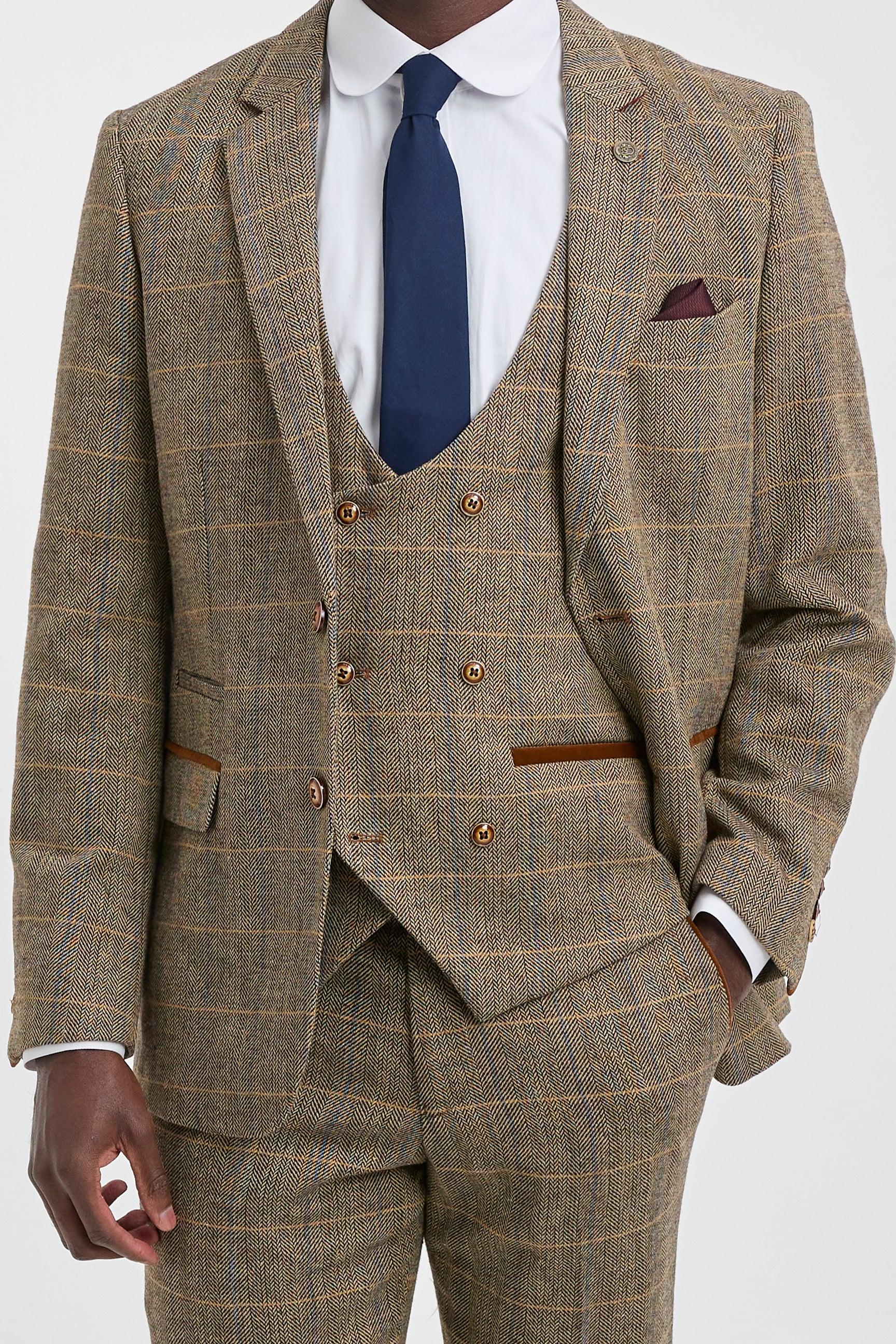 Mens 3 Piece Herringbone Tweed Tan Brown Check Suit Tailored Fit Double Classic