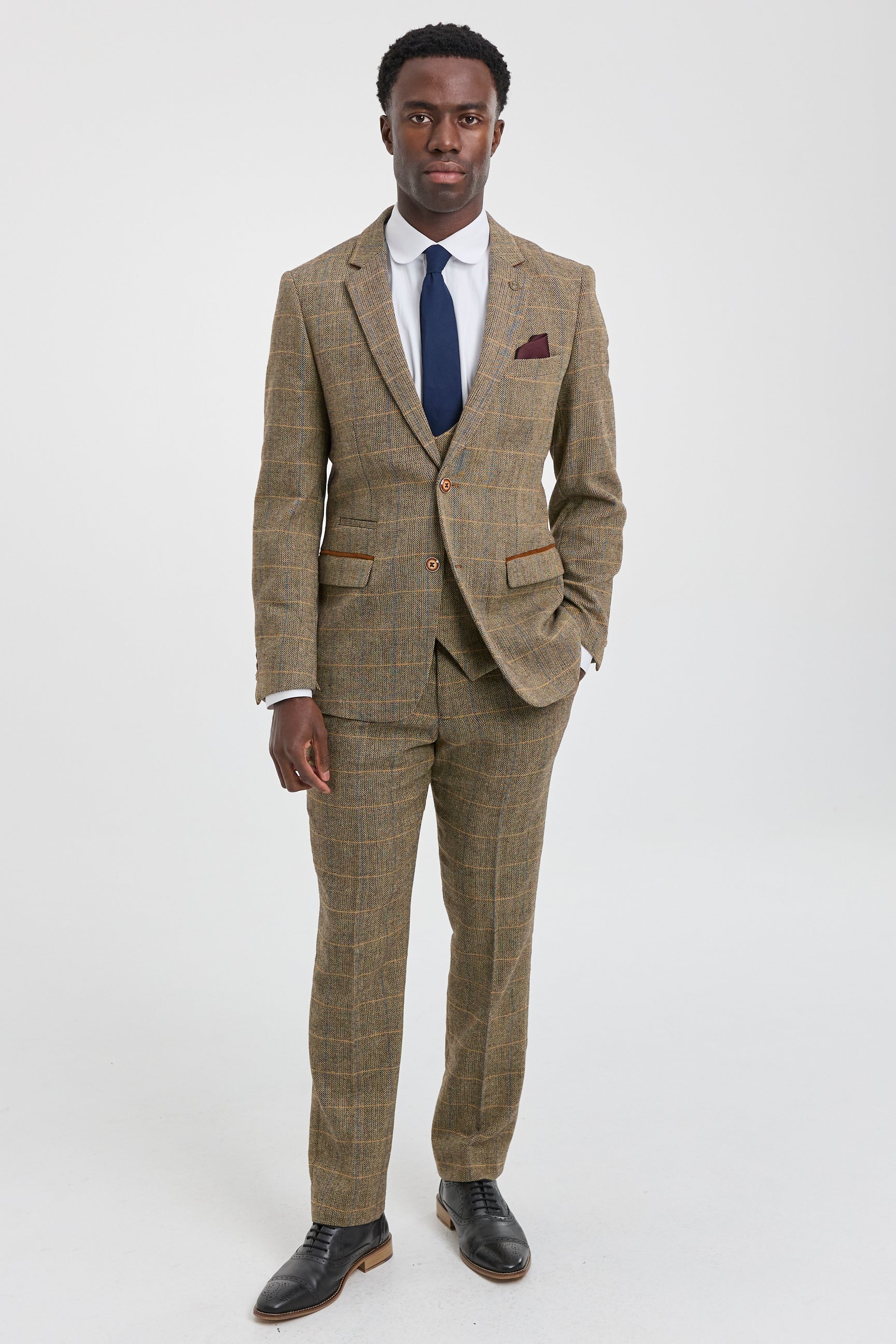 Mens 3 Piece Herringbone Tweed Tan Brown Check Suit Tailored Fit Double Classic Mens 3 Piece Herringbone Tweed Tan Brown Check Suit Tailored Fit Double Classic