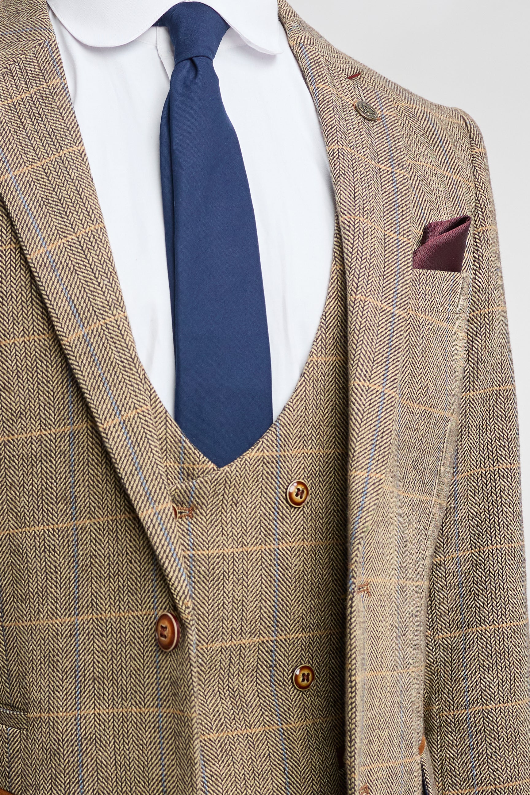 Mens 3 Piece Herringbone Tweed Tan Brown Check Suit Tailored Fit