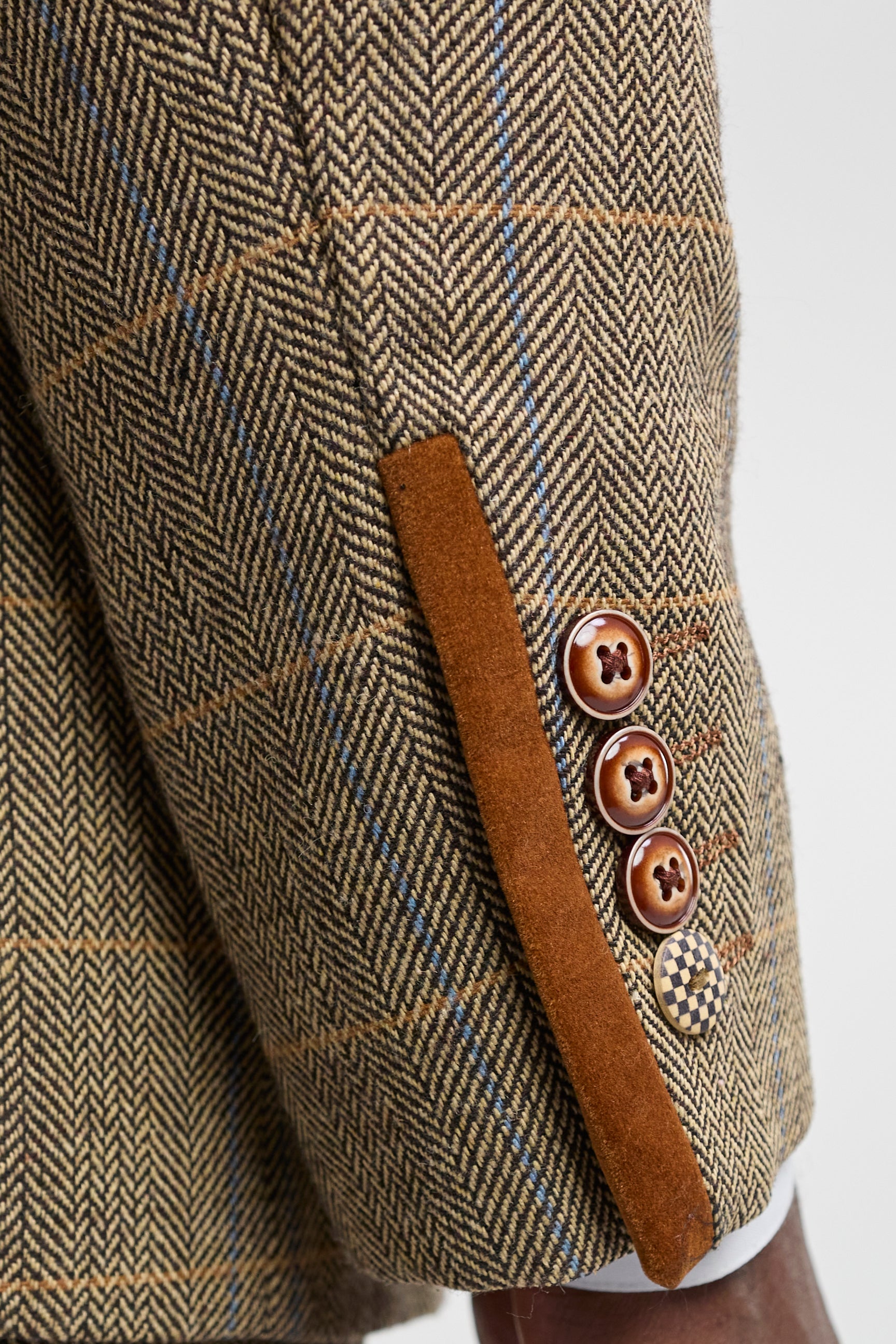 Mens 3 Piece Herringbone Tweed Tan Brown Check Suit Tailored Fit