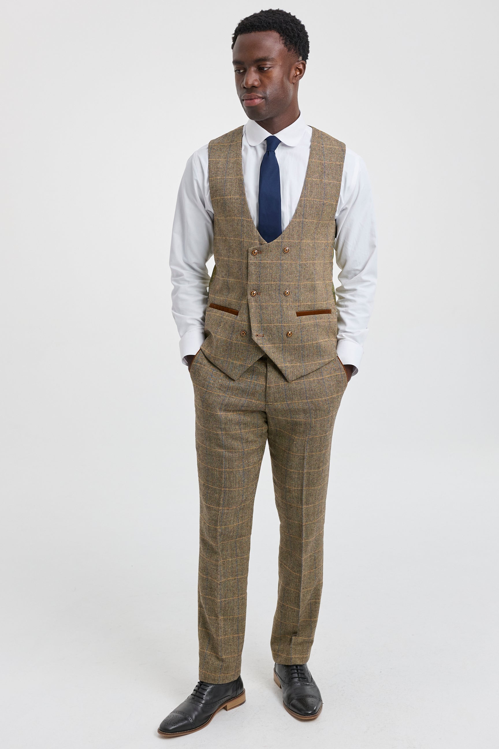 Mens 3 Piece Herringbone Tweed Tan Brown Check Suit Tailored Fit Double Classic