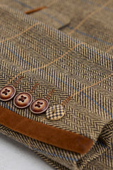 Mens 3 Piece Herringbone Tweed Tan Brown Check Suit Tailored Fit Double Classic