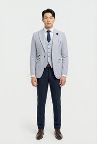 Men's Sky Blue Check 3-Piece Suit with Contrasting Navy Trousers