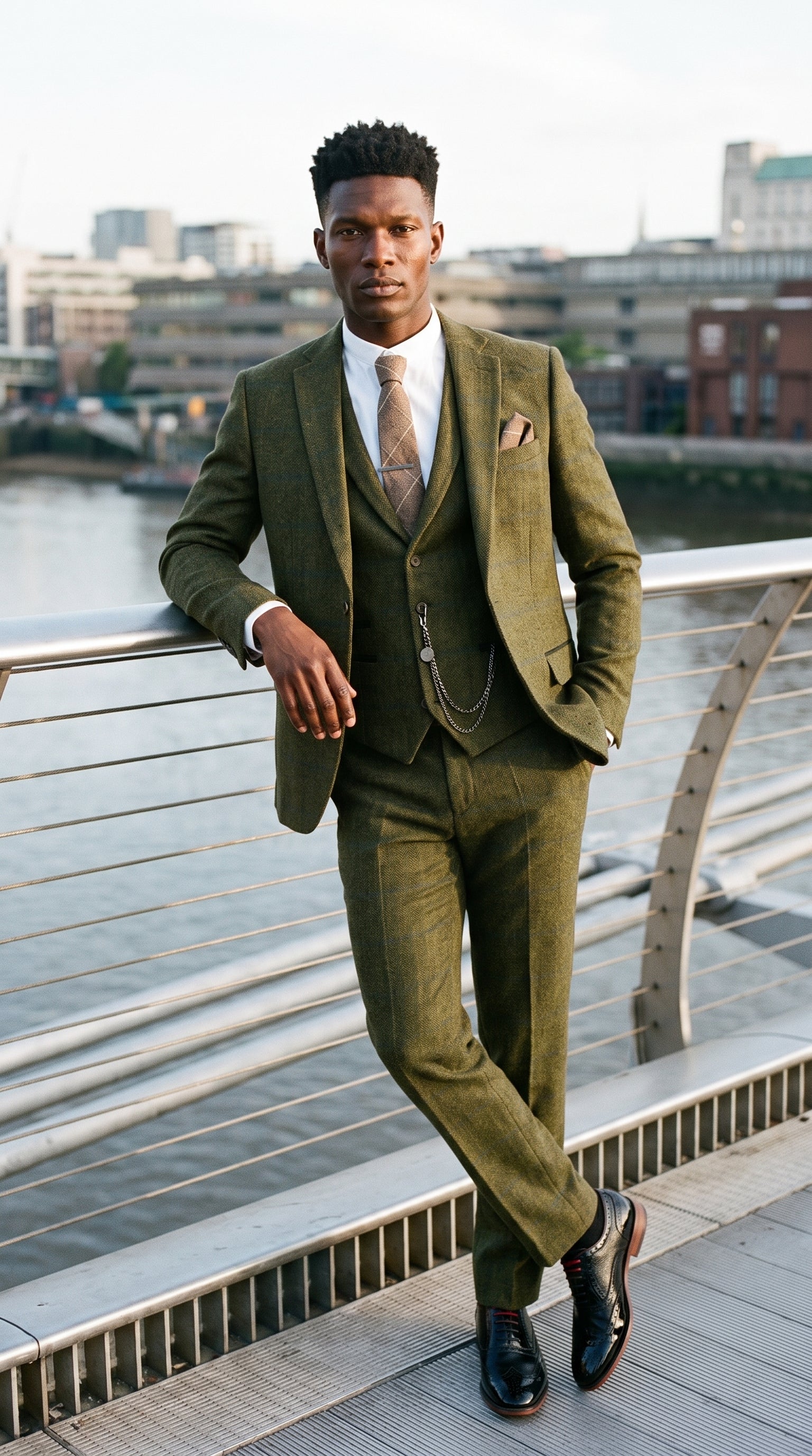 Look #715 styled with Men's 3 Piece Suit Wool Tweed Green Blue Brown Check 1920s Gatsby