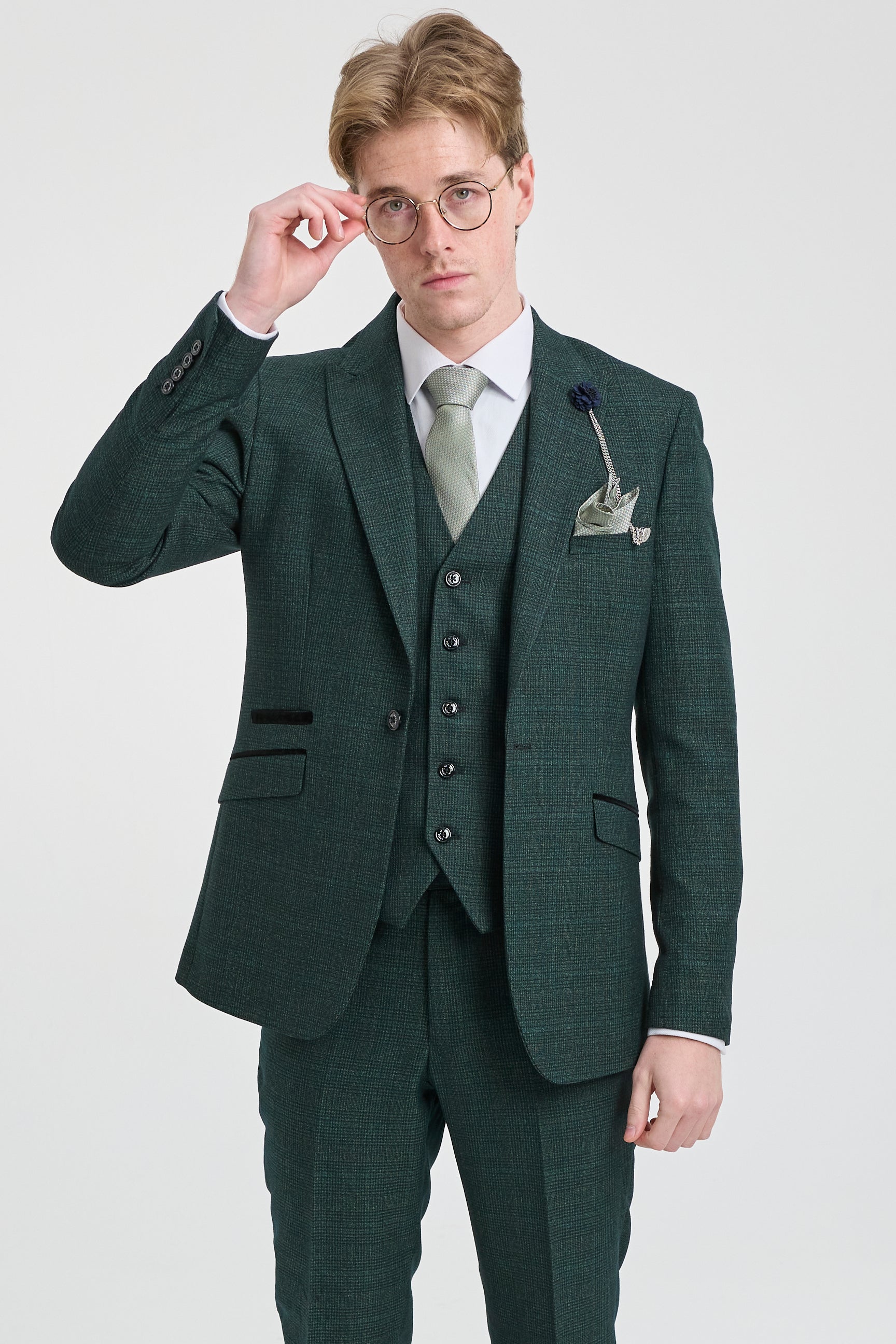 Mens 3 Piece Check Suit Tweed Olive Green Tailored Fit Wedding Peaky Classic