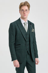 Mens 3 Piece Check Suit Tweed Olive Green Tailored Fit Wedding Peaky Classic