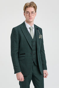 Mens 3 Piece Check Suit Tweed Olive Green Tailored Fit Wedding Peaky Classic
