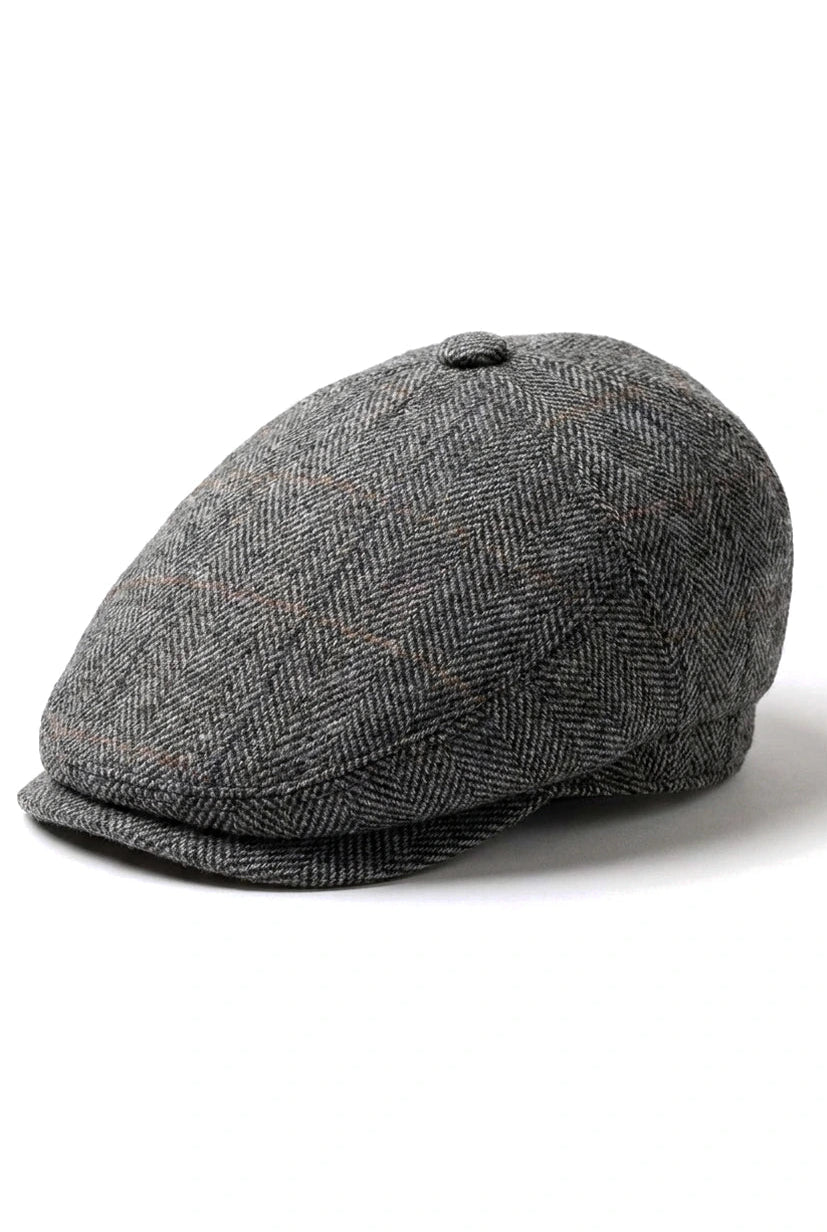 Cavani Albert Mens Tweed Flat Cap - Herringbone Tweed Wool Grandad Flat Hats Vintage - Tan Brown/Charcoal Grey