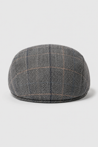 Cavani Albert Mens Tweed Flat Cap - Herringbone Tweed Wool Grandad Flat Hats Vintage - Tan Brown/Charcoal Grey