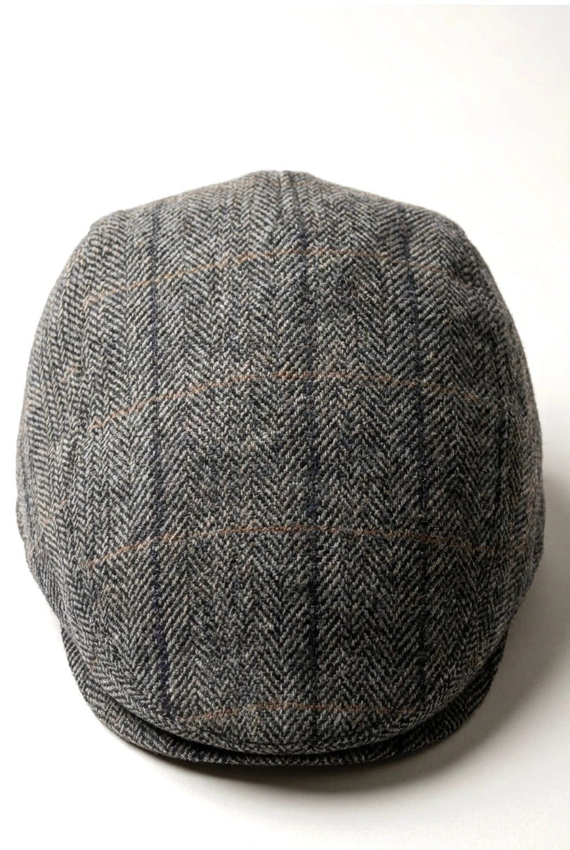 Cavani Albert Mens Tweed Flat Cap - Herringbone Tweed Wool Grandad Flat Hats Vintage - Tan Brown/Charcoal Grey