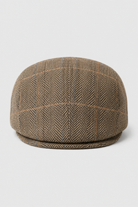 Cavani Albert Mens Tweed Flat Cap - Herringbone Tweed Wool Grandad Flat Hats Vintage - Tan Brown/Charcoal Grey