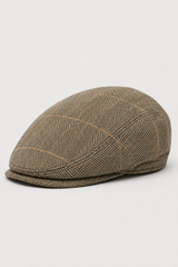 Cavani Albert Mens Tweed Flat Cap - Herringbone Tweed Wool Grandad Flat Hats Vintage - Tan Brown/Charcoal Grey