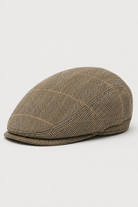 Cavani Albert Mens Tweed Flat Cap - Herringbone Tweed Wool Grandad Flat Hats Vintage - Tan Brown/Charcoal Grey