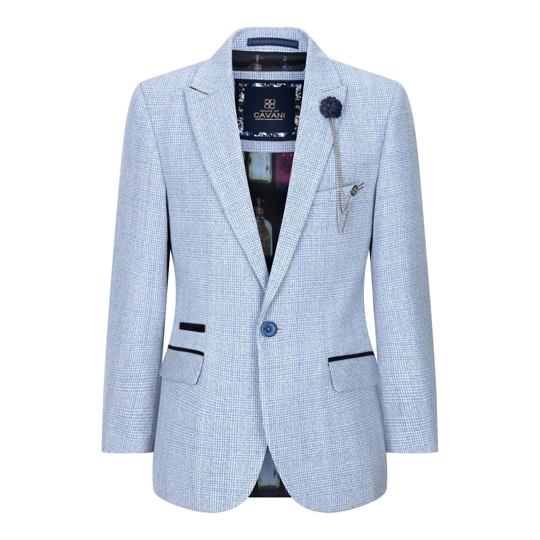 Boys 3 Piece Check Suit Tweed Light Blue Tailored Fit Wedding