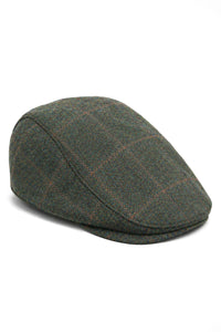 Cavani Kempson Flat Cap - Mens Tweed Wool Check Grandad Hat Vintage - Olive Green/Navy Blue
