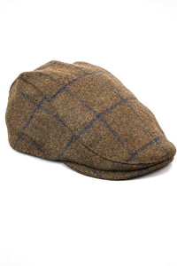Cavani Kempson Flat Cap - Mens Tweed Wool Check Grandad Hat Vintage - Olive Green/Navy Blue