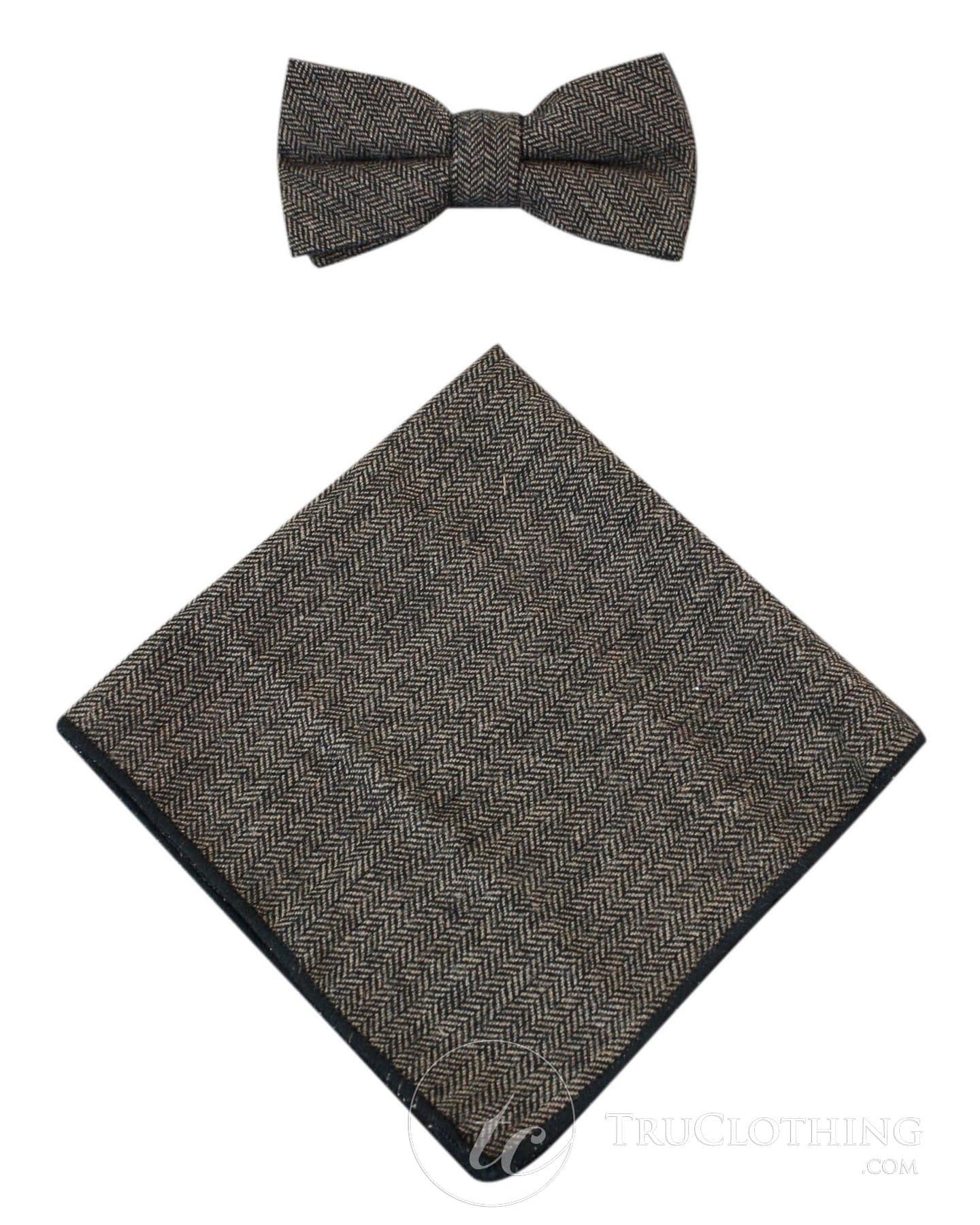 Cavani Martez Bow Tie - Mens Herringbone Tweed Check Bow Tie Hanky Retro Vintage Classic Peaky Blinders
