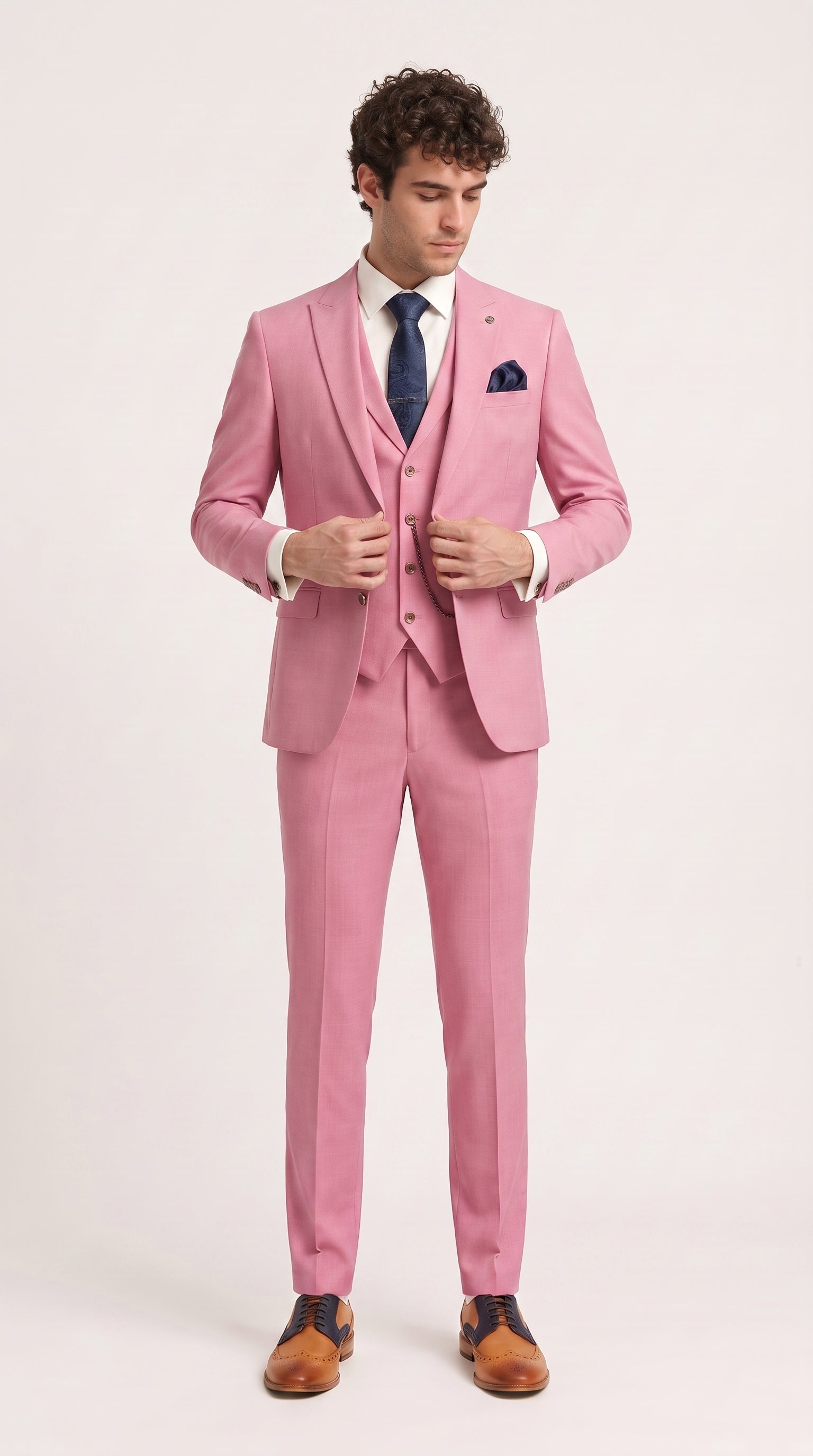 Look #149 styled with James Men's 3-Piece Pink Tailored Fit Suit