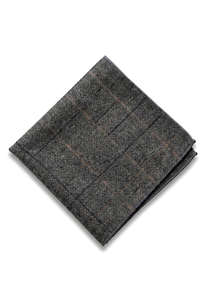 Charcoal Grey Check Tweed Tie with Hankie and Tie Clip - Charcoal Grey
