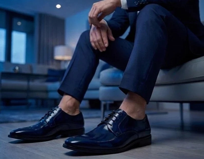 Chester - Men's Navy High-Shine Polished Derby Shoes