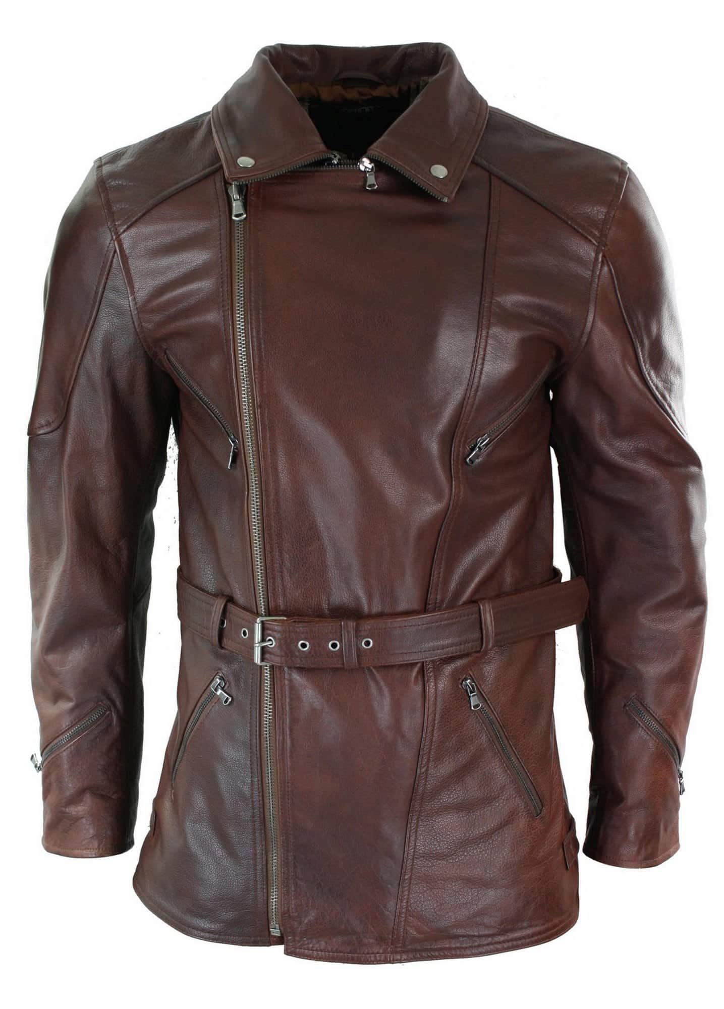 Mens Cross Zip Belted Timber Brown 3/4 Motorcycle Biker Long