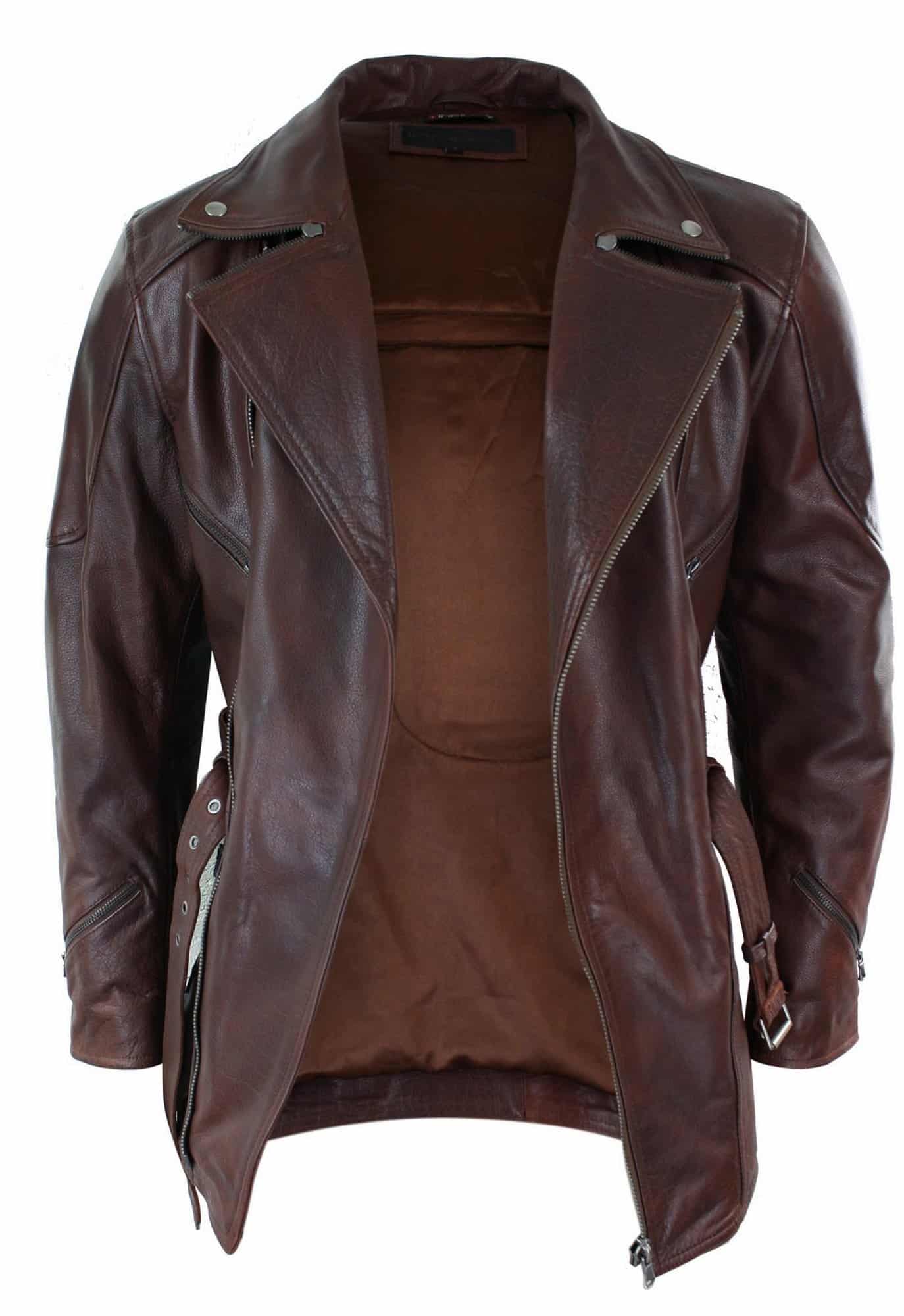 Mens Cross Zip Belted Timber Brown 3/4 Motorcycle Biker Long