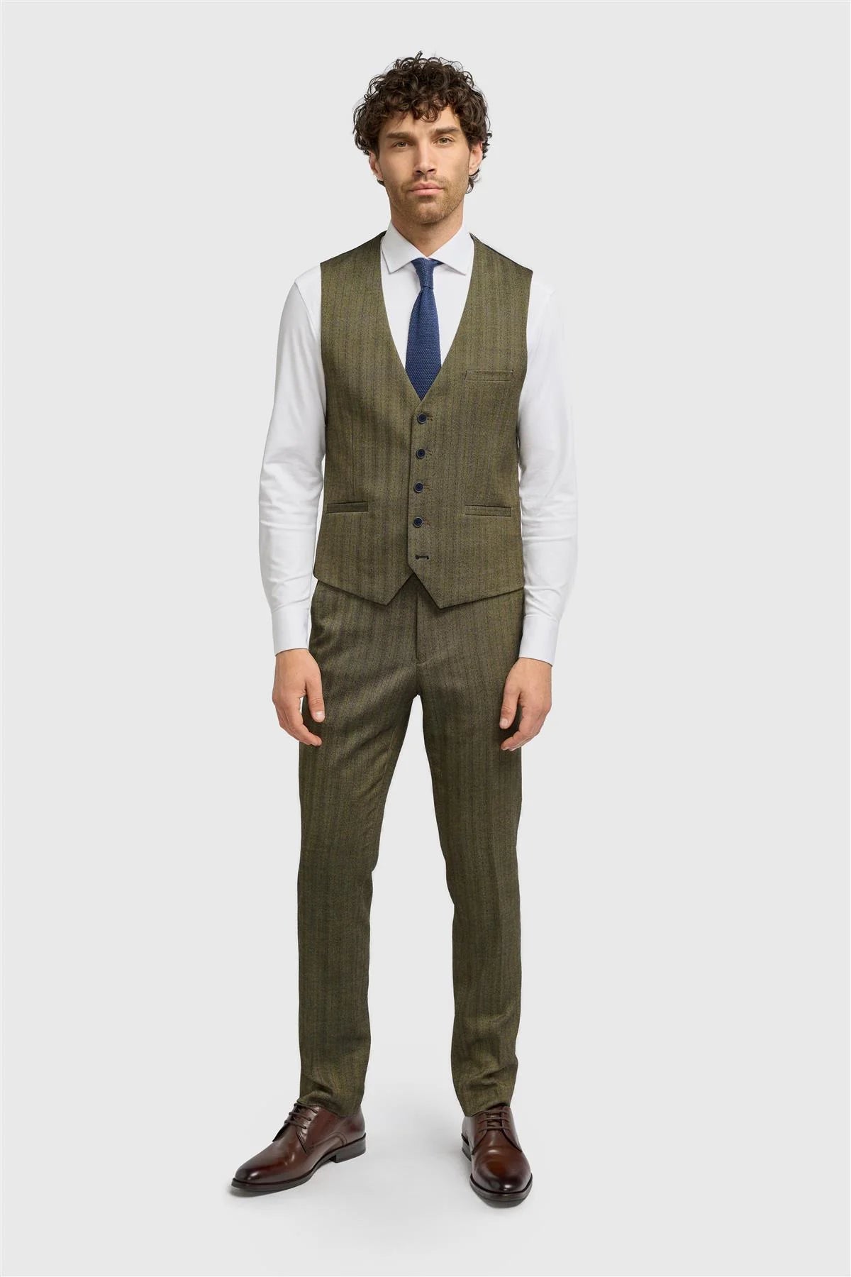 Damon - Men's Olive Green Tweed Herringbone Waistcoat