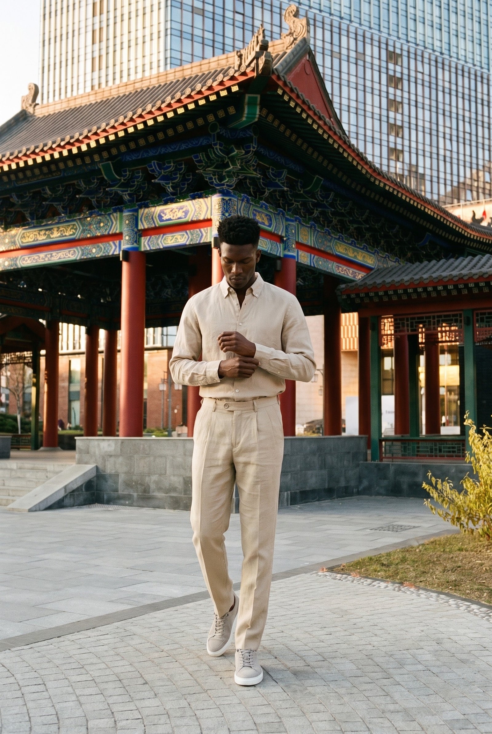 Look #873 styled with Men’s Beige Pure Linen Shirt Long Sleeve Button-Down Summer Shirt