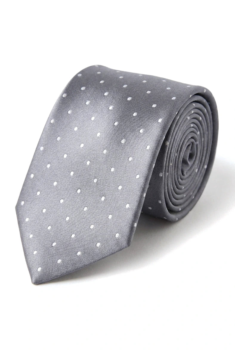 Dotted Silver Neck Tie Gift Set Pocket Square Cuff Links Tie Pin Polka Dot Satin