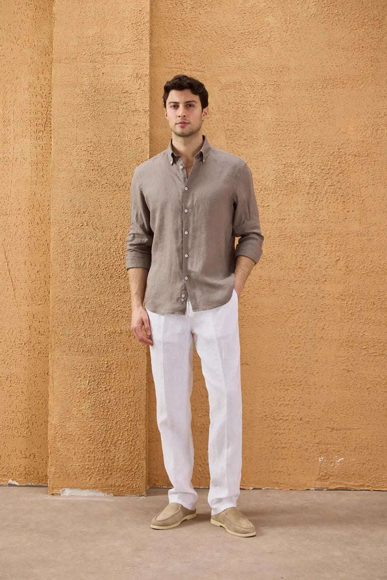 Men's Light Brown Pure Linen Shirt Long Sleeve Button-Down Summer Shirt