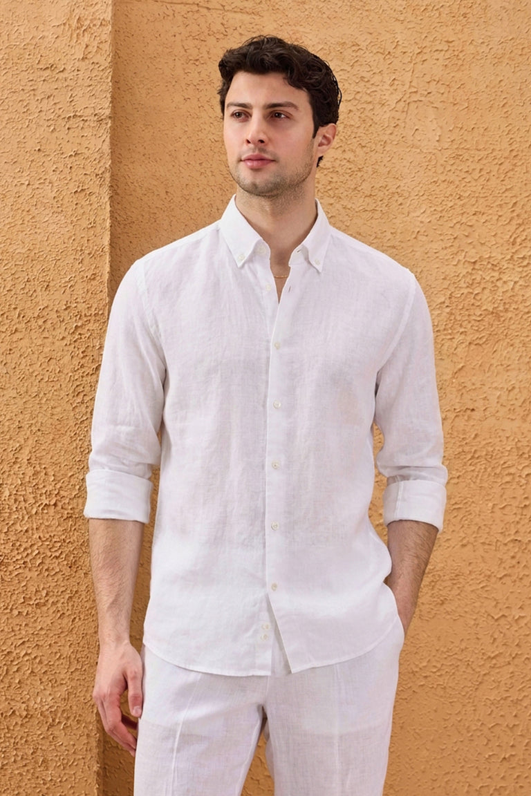 Men's White Pure Linen Shirt Long Sleeve Button-Down Summer Shirt
